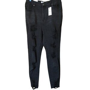 Forever 21 Women's Size 12 High Rise Skinny Black Distressed Shredded Denim Jean